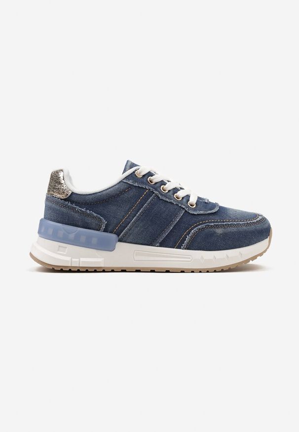 Born2be - Granatowe Sneakersy Jeansowe ze Złotymi Wykończeniami i Przeszyciami Aledisa. Okazja: do pracy, na spacer. Kolor: niebieski. Materiał: jeans. Sport: turystyka piesza