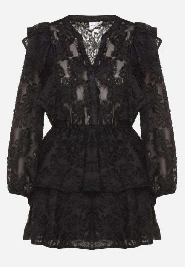 Born2be - Czarna Rozkloszowana Sukienka Ozdobiona Falbankami z Gumką w Pasie Zinaviya. Okazja: na co dzień. Typ kołnierza: kołnierz z falbankami. Kolor: czarny. Wzór: aplikacja. Typ sukienki: proste. Styl: casual, elegancki