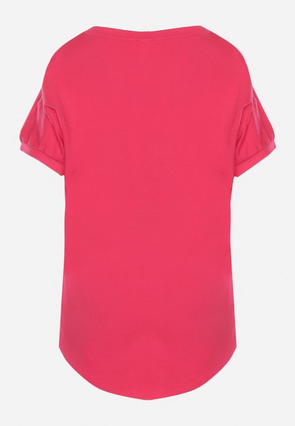 Born2be - Ciemnoróżowy T-shirt z Krótkimi Rękawami i Dłuższym Tyłem Cercisa. Okazja: na co dzień. Typ kołnierza: dekolt w serek. Kolor: różowy. Materiał: jeans, bawełna. Długość rękawa: krótki rękaw. Długość: krótkie. Styl: casual, klasyczny