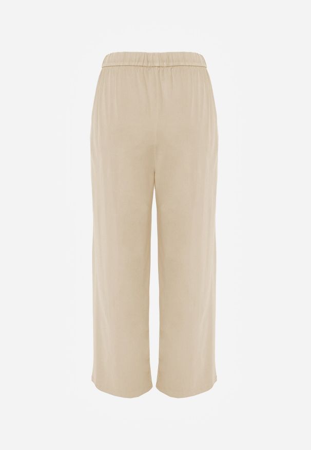 Born2be - Beżowe Szerokie Spodnie z Bawełną Wiskozą Gumką w Pasie i Sznurkiem Iridara. Okazja: na co dzień. Stan: podwyższony. Kolor: beżowy. Materiał: wiskoza, bawełna. Styl: casual, elegancki, klasyczny