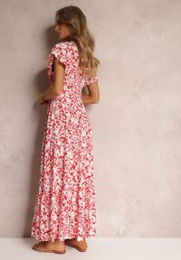 Renee - Czerwono-Biała Wiskozowa Sukienka Maxi z Gumką w Talii i Falbankami Maethia. Typ kołnierza: kołnierz z falbankami. Kolor: czerwony. Materiał: wiskoza. Wzór: kwiaty. Długość: maxi