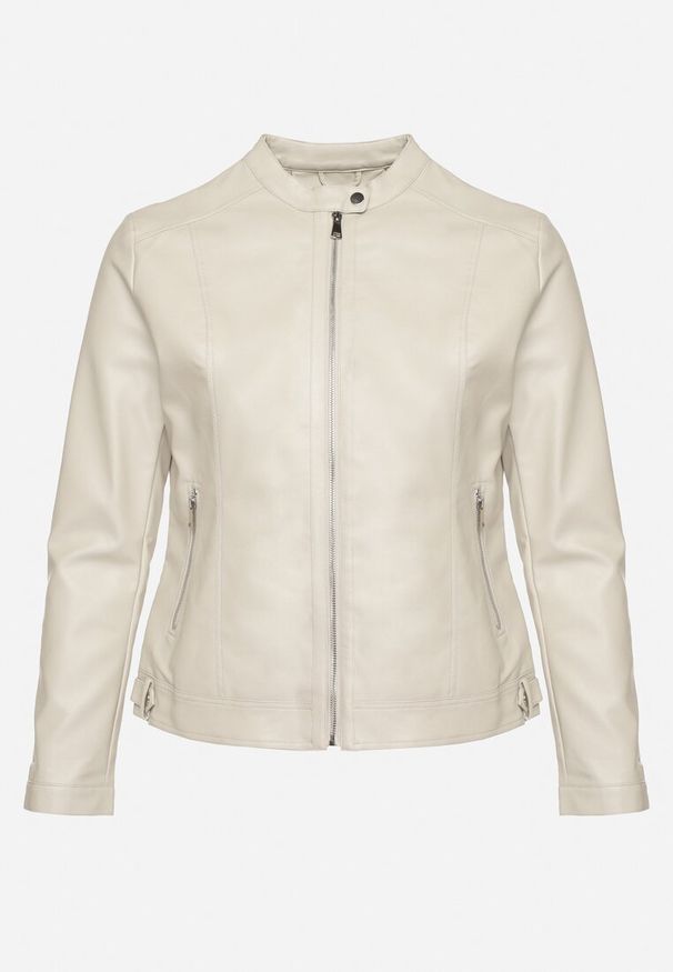 Born2be - Jasnobeżowa Kurtka Ramoneska Bez Kołnierzyka z Suwakami na Rękawach Rilinne. Okazja: na co dzień, na spacer. Typ kołnierza: bez kołnierzyka. Kolekcja: plus size. Kolor: beżowy. Sezon: wiosna. Styl: casual, elegancki