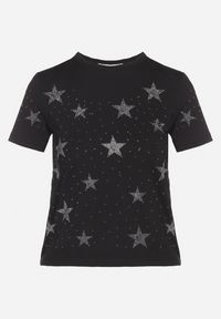 Born2be - Czarny Bawełniany T-shirt z Cyrkoniowymi Aplikacjami w Gwiazdki Tenivella. Okazja: na co dzień, na spotkanie biznesowe, do pracy. Kolor: czarny. Materiał: bawełna. Wzór: aplikacja. Styl: biznesowy, elegancki, casual