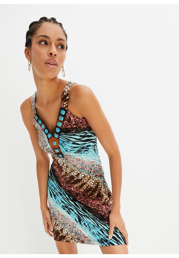 bonprix - Sukienka z dżerseju o trapezowym kroju. Kolor: niebieski. Materiał: jersey. Wzór: aplikacja. Sezon: lato. Typ sukienki: trapezowe. Styl: elegancki