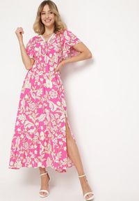 Born2be - Różowa Wiskozowa Rozkloszowana Sukienka z Ozdobnym Wiązaniem i Koronkową Tasiemką z Gumką w Pasie Lalmarie. Okazja: na spotkanie biznesowe, na co dzień, na spacer, do pracy. Kolor: różowy. Materiał: wiskoza, koronka. Wzór: aplikacja. Styl: biznesowy, casual #1