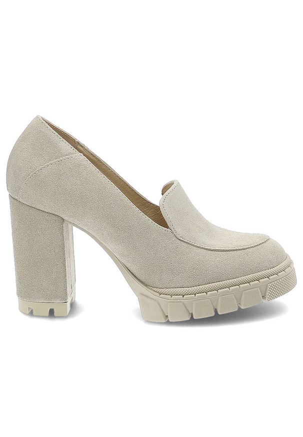 Beżowe Półbuty Armodo Eleganckie Buty Damskie. Okazja: na co dzień, na randkę. Zapięcie: bez zapięcia. Kolor: beżowy. Materiał: zamsz, skóra. Szerokość cholewki: normalna. Obcas: na słupku. Styl: elegancki