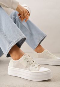 Born2be - Beżowe Trampki na Grubej Podeszwie z Plecioną Cholewką Nalivera. Okazja: na co dzień. Kolor: beżowy. Materiał: skóra, jeans. Szerokość cholewki: normalna. Styl: casual, rockowy #9