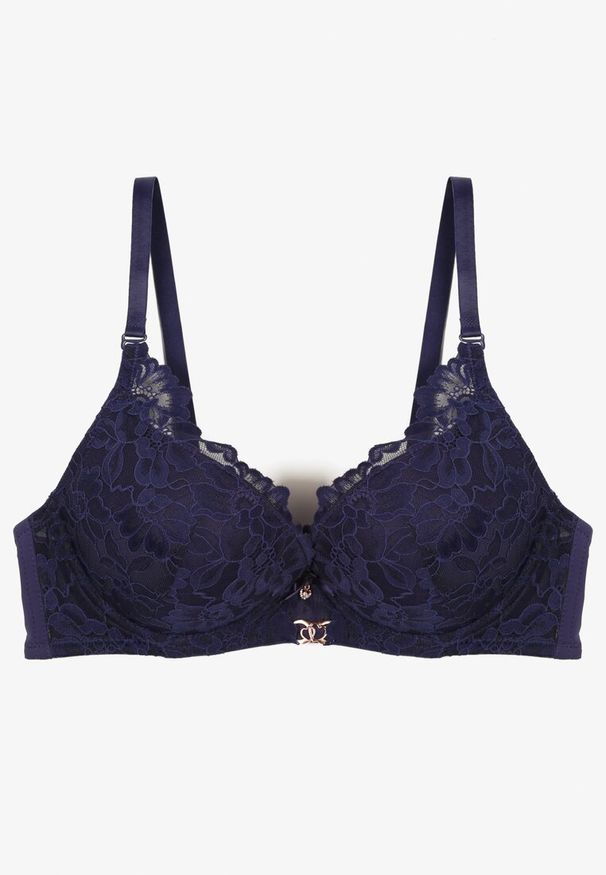 Born2be - Granatowy Biustonosz z Ozdobną Koronką i Metaliczną Ozdobą Terzedi. Kolor: niebieski. Materiał: koronka. Rodzaj stanika: odpinane ramiączka. Wzór: koronka, aplikacja
