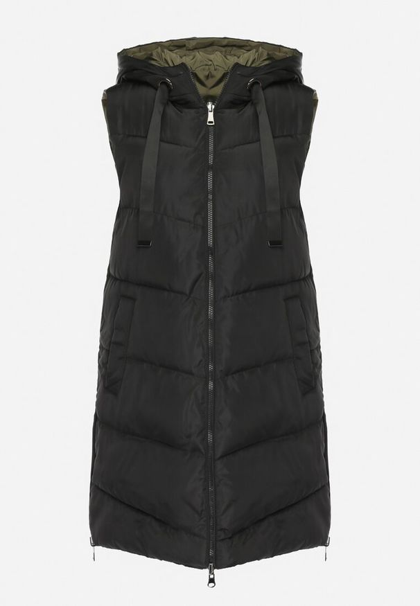 Born2be - Czarna Pikowana Kamizelka Dwustronna z Kapturem i Sznurkami Leorani. Okazja: na spacer, na co dzień. Typ kołnierza: kaptur. Kolor: czarny. Materiał: jeans. Styl: casual, sportowy