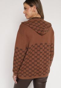 Born2be - Brązowy Kardigan na Suwak z Kapturem i Geometrycznym Motywem Lunetusa. Okazja: na co dzień. Typ kołnierza: kaptur. Kolor: brązowy. Materiał: jeans. Wzór: geometria. Styl: casual, elegancki #7