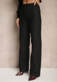 Renee - Czarne Spodnie z Ekoskóry High Waist z Szerokimi Nogawkami Leanwin. Okazja: na co dzień. Stan: podwyższony. Kolor: czarny. Wzór: aplikacja, kolorowy. Styl: elegancki, casual #3