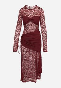 Born2be - Bordowa Koktajlowa Sukienka Koronkowa z Usztywnionymi Miseczkami i Marszczeniami Temias. Kolor: czerwony. Materiał: koronka. Długość rękawa: długi rękaw. Wzór: koronka. Styl: wizytowy #3