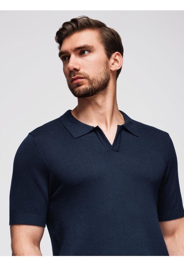 Ombre Clothing - Koszulka męska polo bez guzików z klasycznym splotem – granatowa V1 - Rozmiar: XXL. Typ kołnierza: polo. Kolor: niebieski. Materiał: materiał, elastan, dzianina, nylon, wiskoza. Wzór: ze splotem. Styl: klasyczny