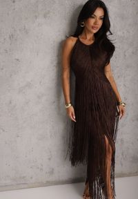 Renee - Brązowa Sukienka Wieczorowa na Ramiączkach z Ozdobnymi Frędzlami Glystarish. Kolor: brązowy. Długość rękawa: na ramiączkach. Styl: wizytowy. Długość: maxi #8