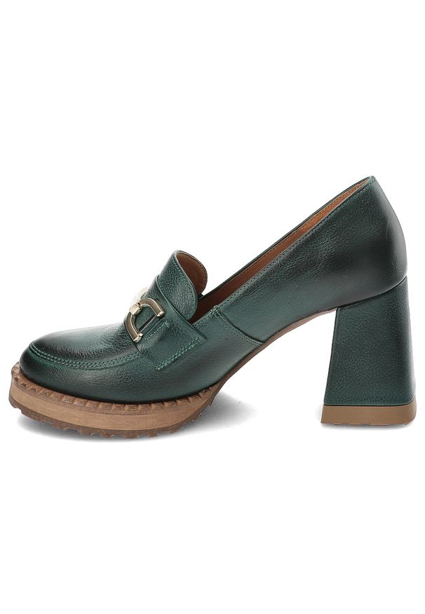 Zielone Półbuty Armodo Eleganckie Obuwie Damskie. Okazja: na co dzień. Kolor: zielony. Materiał: skóra. Obcas: na obcasie. Styl: elegancki. Wysokość obcasa: średni