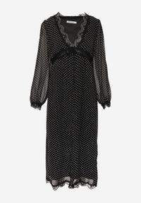 Born2be - Czarna Sukienka w Kropki z Koronką i Transparentnymi Rękawami Hetiera. Okazja: na co dzień. Kolor: czarny. Materiał: koronka. Wzór: kropki, koronka. Styl: casual, klasyczny #3