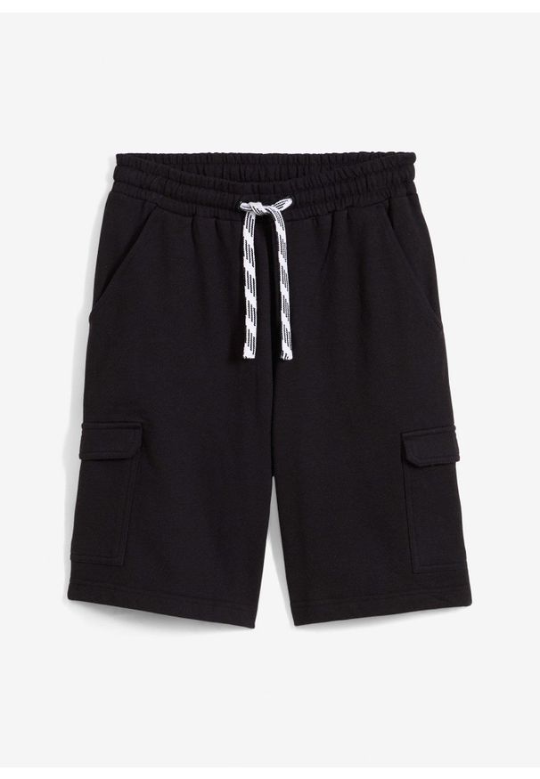 bonprix - Bermudy dresowe z kieszeniami bojówkami, z czystej bawełny organicznej. Kolor: czarny. Materiał: bawełna, dresówka