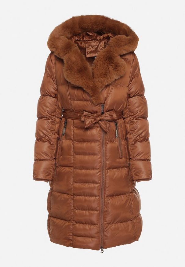 Born2be - Brązowa Pikowana Kurtka za Kolano z Ozdobnym Futerkiem Velveti. Kolor: brązowy. Materiał: futro. Wzór: aplikacja