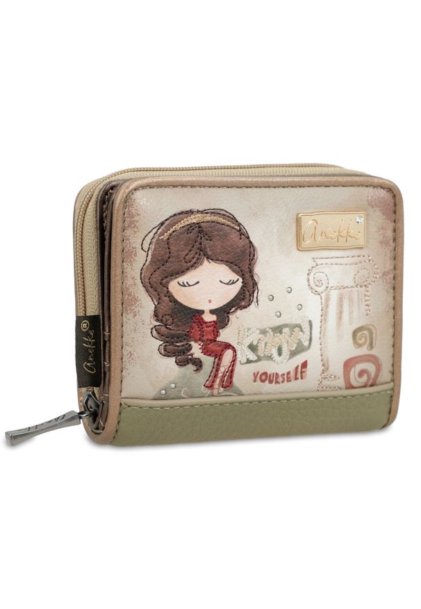 Beżowy Damski Kompaktowy Portfel Anekke. Kolor: beżowy. Materiał: materiał. Wzór: haft