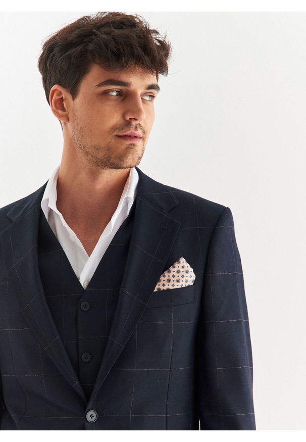 Pako Lorente - PAKO LORENTE – Granatowa kamizelka garniturowa w kratę Windowpane. Kolor: niebieski. Materiał: poliester, elastan, wiskoza