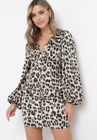 Born2be - Beżowa Sukienka Taliowana w Panterkę Suzamera. Kolor: beżowy. Materiał: materiał. Wzór: motyw zwierzęcy. Długość: mini #4