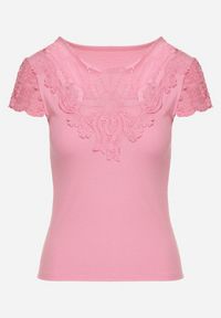 Born2be - Różowy T-shirt z Koronkowymi Rękawami i Dekoltem Delilena. Kolor: różowy. Materiał: koronka. Wzór: koronka