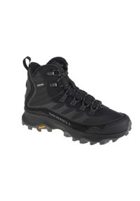 Buty trekkingowe męskie, Merrell Moab Speed Thermo Mid WP. Wysokość cholewki: za kostkę. Zapięcie: sznurówki. Kolor: wielokolorowy, czarny. Materiał: materiał, tkanina, skóra, syntetyk. Szerokość cholewki: normalna