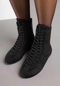 Born2be - Czarne Sznurowane Sneakersy w Stylu Bokserskim Havanne. Okazja: na co dzień. Kolor: czarny. Materiał: jeans #4