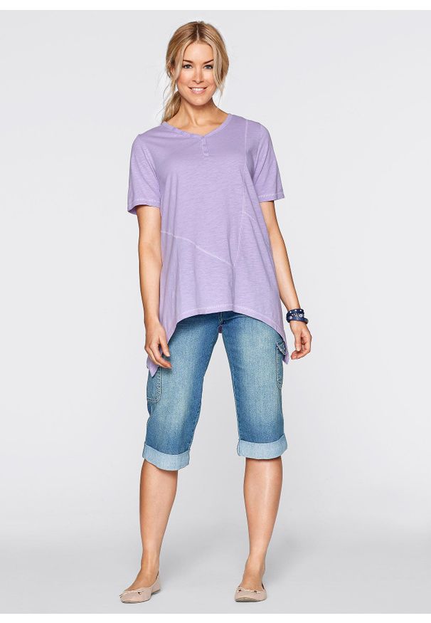 bonprix - Dżinsy bojówki mid waist, ze stretchem. Kolor: niebieski