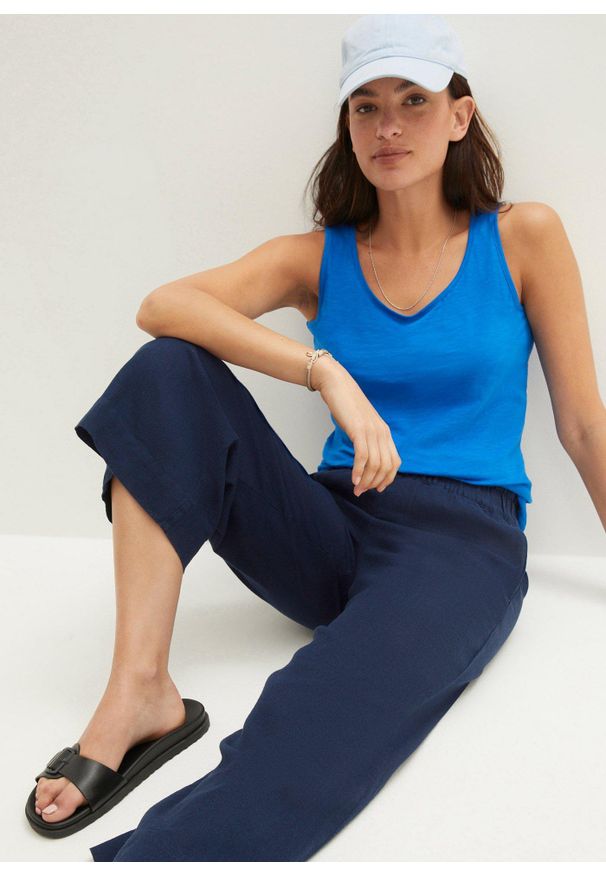 bonprix - Spodnie culotte z lnem, o regulowanej długości. Kolor: niebieski. Materiał: len