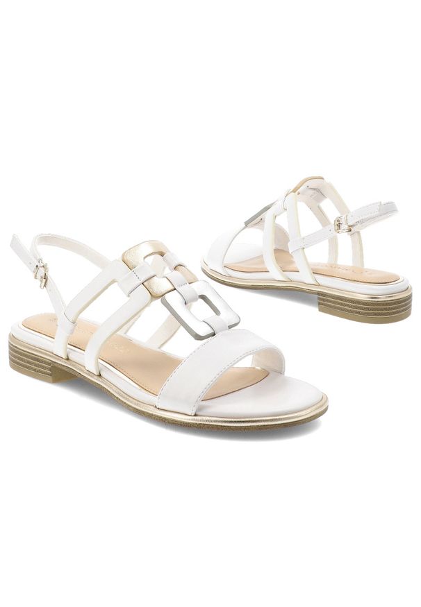 Białe Sandały Marco Tozzi Eleganckie Buty Damskie. Okazja: na co dzień, na spacer. Kolor: biały. Materiał: skóra. Wzór: geometria, aplikacja. Sezon: lato. Obcas: na obcasie. Styl: elegancki. Wysokość obcasa: średni