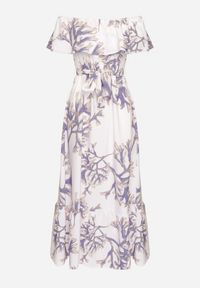 Born2be - Niebiesko-Biała Sukienka Hiszpanka o Rozkloszowanym Kroju z Wiązanym Paskiem Sesiniela. Okazja: na co dzień. Typ kołnierza: dekolt hiszpanka. Kolor: niebieski. Typ sukienki: rozkloszowane. Styl: casual, elegancki #2