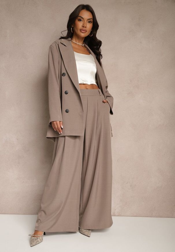 Renee - Jasnobrązowe Eleganckie Spodnie Palazzo z Szerokimi Nogawkami Adivisa. Stan: podwyższony. Kolor: beżowy. Styl: elegancki