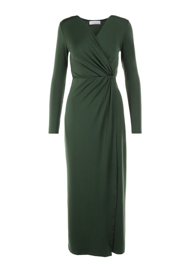 Born2be - Ciemnozielona Sukienka Mellona. Typ kołnierza: dekolt w kształcie V. Kolor: zielony. Materiał: dzianina, materiał. Długość rękawa: długi rękaw. Wzór: gładki. Typ sukienki: kopertowe. Styl: glamour, elegancki. Długość: maxi