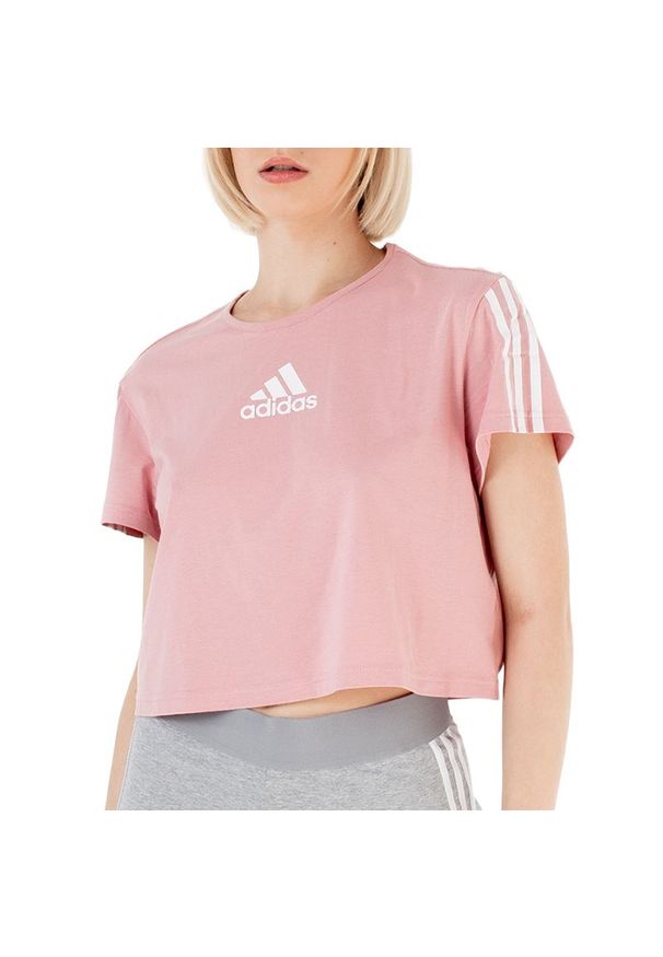 Adidas - Koszulka adidas Aeroready Made For Training Crop Sport Tee HD9353 - różowe. Kolor: różowy. Materiał: bawełna, poliester, elastan, wiskoza, materiał. Długość rękawa: krótki rękaw. Długość: krótkie. Wzór: aplikacja, paski. Sport: fitness