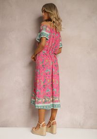 Renee - Różowa Pudełkowa Sukienka z Bawełny we Wzór Paisley z Hiszpańskim Dekoltem Veranica. Kolor: różowy. Materiał: bawełna. Wzór: paisley. Sezon: lato #2
