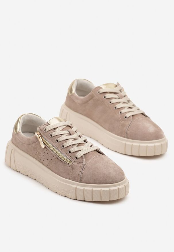 Born2be - Beżowe Sneakersy Skórzane na Grubej Podeszwie Polkio. Okazja: na co dzień. Zapięcie: zamek. Kolor: beżowy. Materiał: skóra
