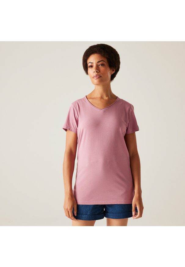 Regatta - Koszulka turystyczna damska Elkie. Kolor: fioletowy. Materiał: dzianina, elastan, bawełna. Sport: turystyka piesza