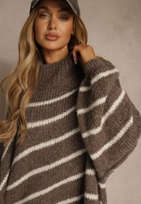 Renee - Brązowy Oversizowy Golf w Paski z Dodatkiem Wełny i Wiskozy Nezella. Okazja: na co dzień. Typ kołnierza: golf. Kolor: brązowy. Materiał: wełna, wiskoza. Wzór: paski. Styl: casual, elegancki #3