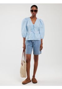 Big-Star - Bluzka damska z baskinką w drobną kratkę niebieska Sori 401. Okazja: na co dzień. Kolor: niebieski. Materiał: bawełna, jeans. Wzór: kratka. Styl: elegancki, klasyczny, casual #1