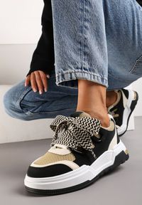 Born2be - Czarno-Beżowe Sneakersy na Niskiej Platformie z Szerokimi Sznurówkami Gritte. Kolor: czarny. Obcas: na platformie #2