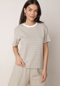 Born2be - Kremowo-Czarny Klasyczny T-shirt z Bawełny o Prostym Kroju Phemeni. Okazja: na co dzień. Kolor: beżowy. Materiał: bawełna. Styl: klasyczny #1