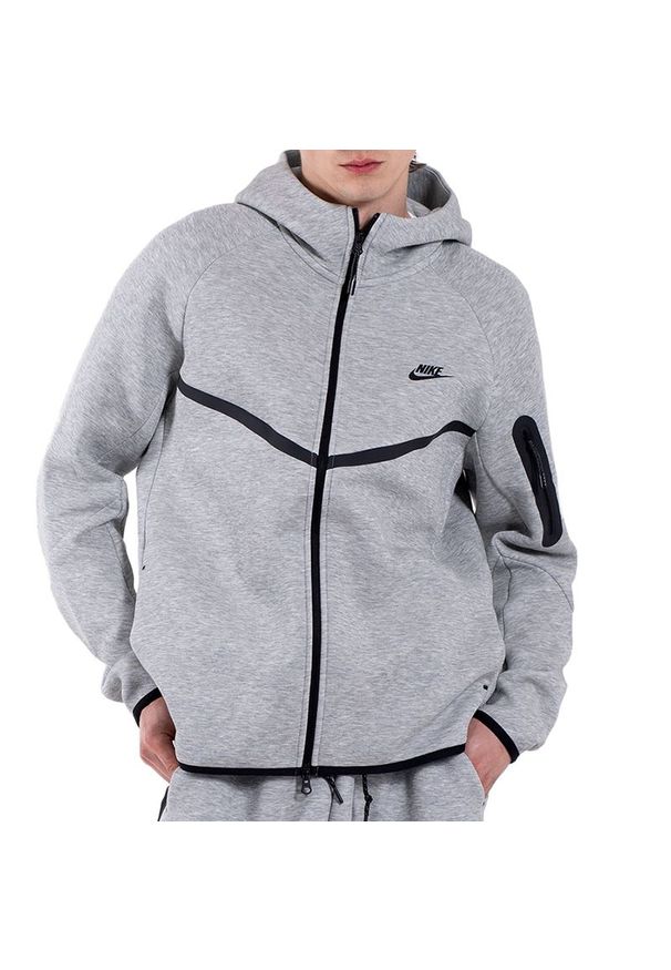 Bluza męska Nike Tech Fleece Windrunner Full-Zip HV0949-063 - szara. Okazja: na co dzień. Typ kołnierza: kaptur. Kolor: szary. Materiał: materiał, tkanina, poliester, bawełna, dresówka. Długość rękawa: raglanowy rękaw. Wzór: aplikacja. Styl: casual, klasyczny, sportowy. Sport: fitness