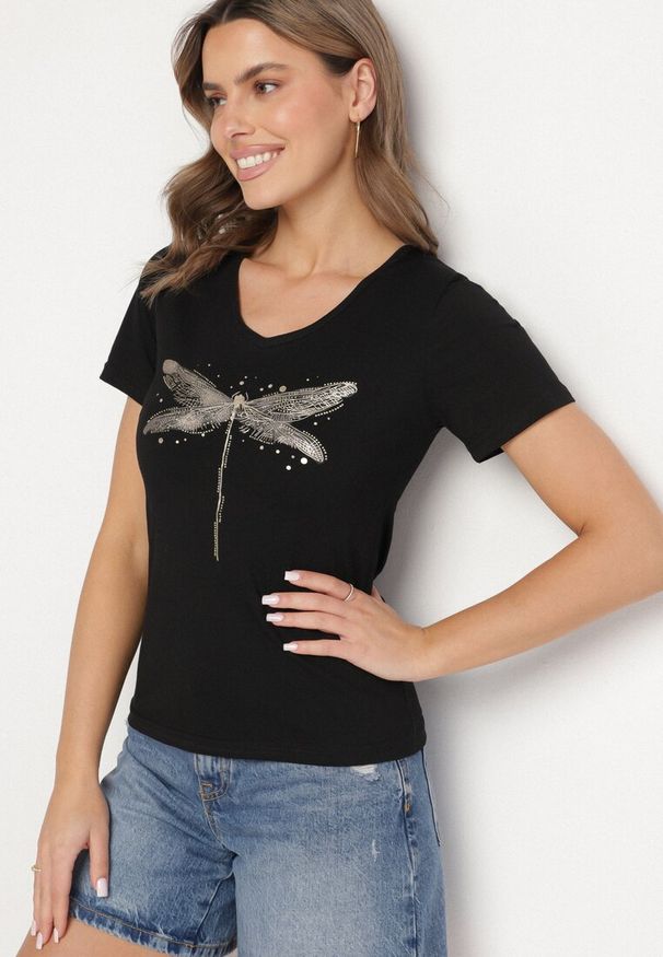 Born2be - Czarny Bawełniany T-shirt z Motywem Ważki i Cyrkoniami Ulimira. Okazja: na co dzień. Kolor: czarny. Materiał: bawełna. Wzór: aplikacja. Styl: klasyczny, casual