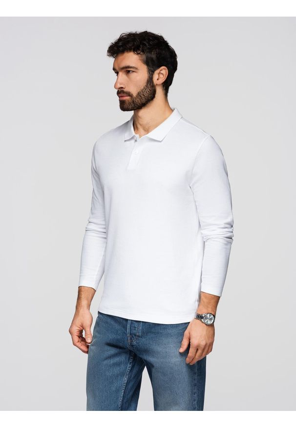 Ombre Clothing - Longsleeve męski BASIC z kołnierzykiem polo – biały V1 - Rozmiar: XXL. Okazja: na co dzień, na spotkanie biznesowe, do pracy. Typ kołnierza: polo. Kolor: biały. Materiał: jeans, materiał, bawełna, dzianina. Długość rękawa: długi rękaw. Długość: długie. Styl: biznesowy, casual, wizytowy