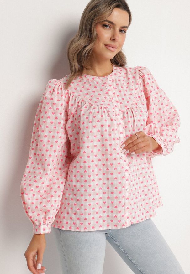 Born2be - Różowa Koszula Bawełniana w Kratę i Serduszka Halariela. Okazja: na co dzień, na spacer. Kolor: różowy. Materiał: bawełna. Styl: casual, elegancki, sportowy