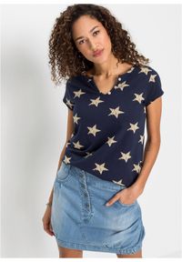 bonprix - Bawełniany T-shirt we wzór w gwiazdki. Kolor: niebieski. Materiał: bawełna. Wzór: nadruk #1
