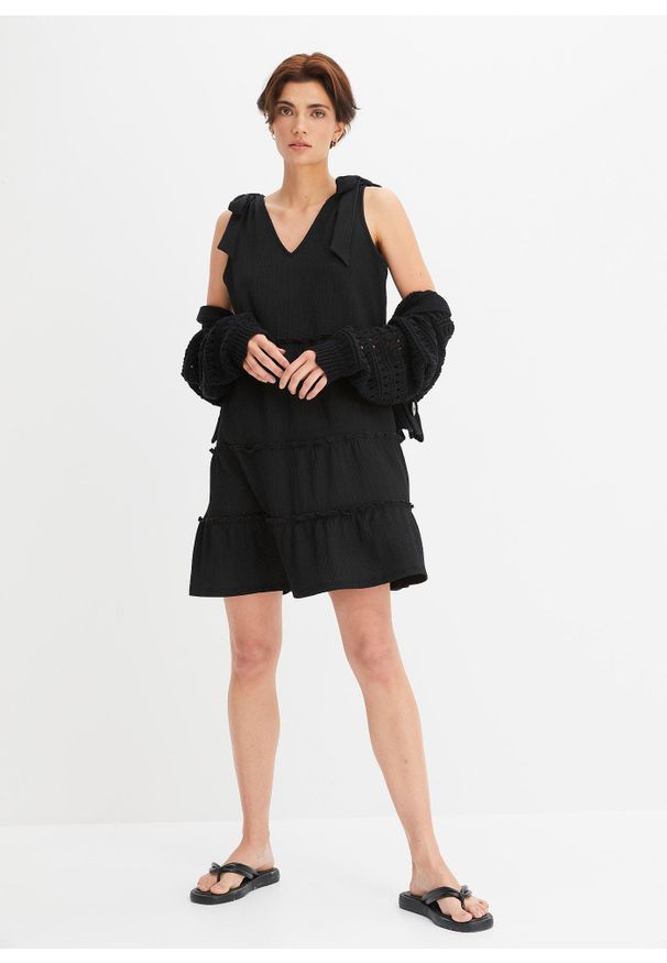 bonprix - Kardigan w ażurowy wzór z czystej bawełny. Kolor: czarny. Materiał: bawełna. Wzór: ażurowy