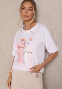 Renee - Biały T-shirt Oversize z Bawełny Zdobiony Nadrukiem Setolina. Okazja: na co dzień. Kolor: biały. Materiał: bawełna. Wzór: aplikacja, nadruk. Styl: klasyczny, casual, elegancki