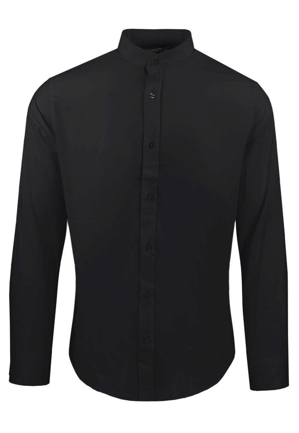 Koszula Taliowana na Stójce, Męska - Rigon - Czarna. Typ kołnierza: kołnierzyk stójkowy. Kolor: czarny. Materiał: bawełna, poliester, lyocell